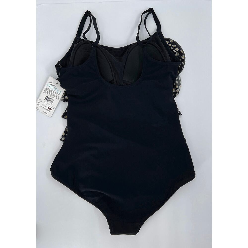 PROFILE BY GOTTEX One Piece Swimsuit Women 10 Black Daisy Ruffle Scoop Neck New - Picture 4 of 12